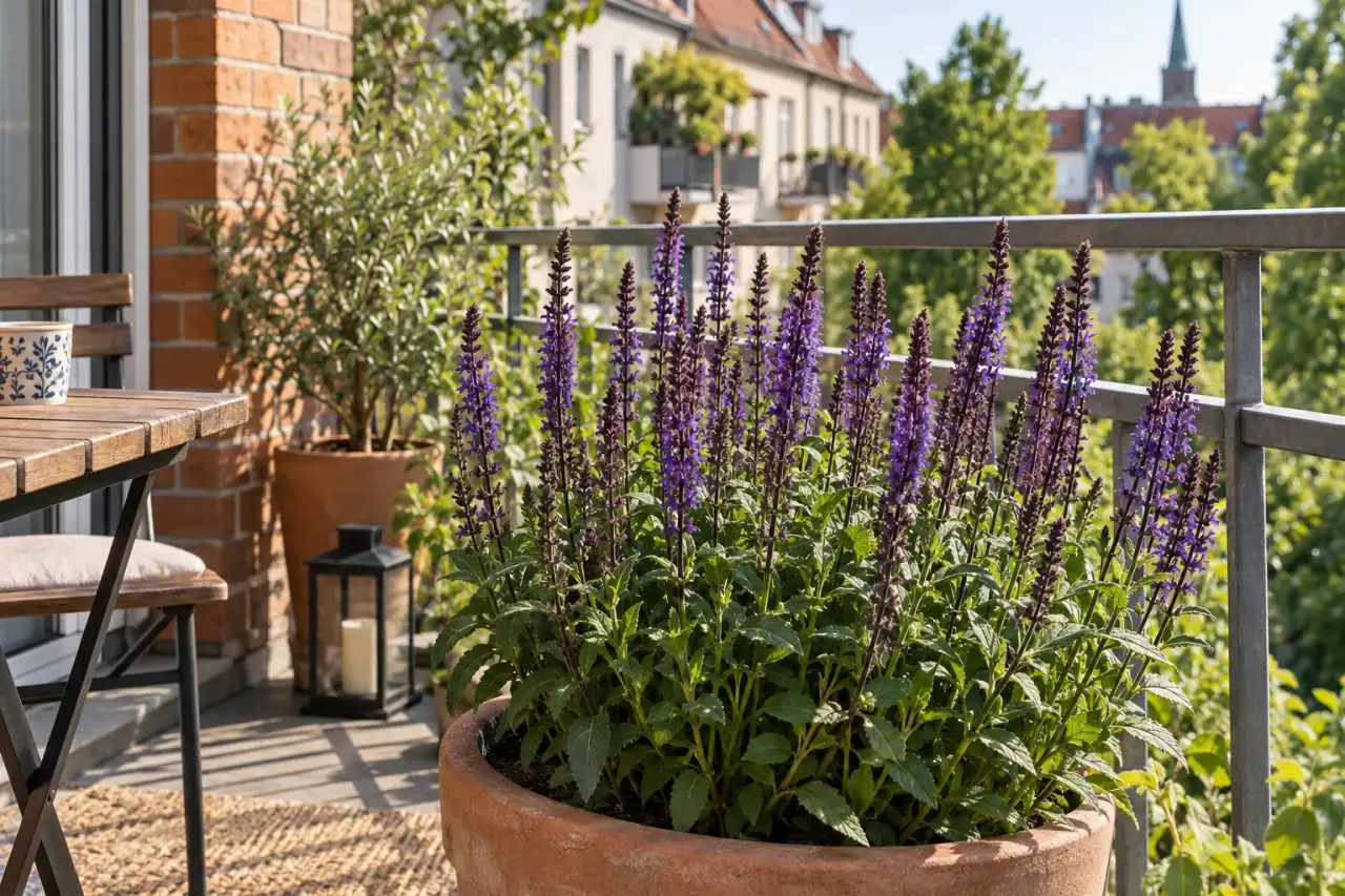 Aufrechter Steppensalbei mit dunklen Blütenkerzen auf einem Balkon.