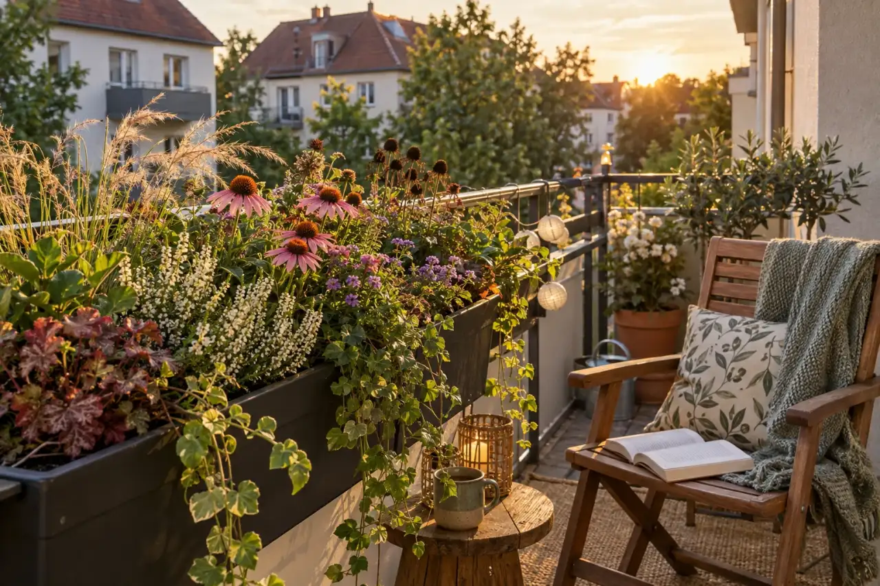 Stimmungsvoller Balkon mit wandelbarem Blumenkasten im Abendlicht.