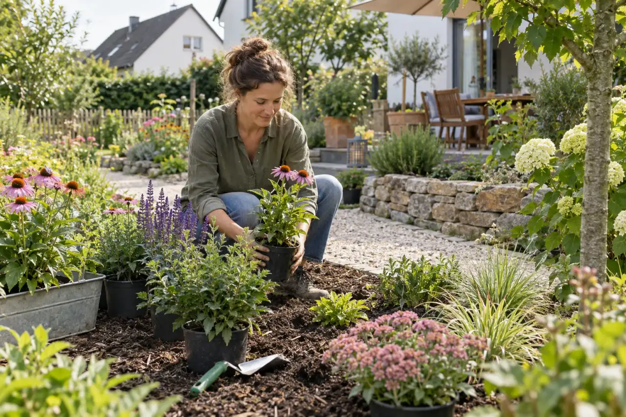 Staudenwahl am Mulchbeet neben Kiesweg und Natursteinkante.