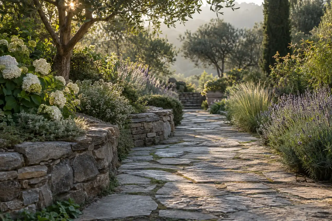 Natursteinweg im sanften Morgenlicht.