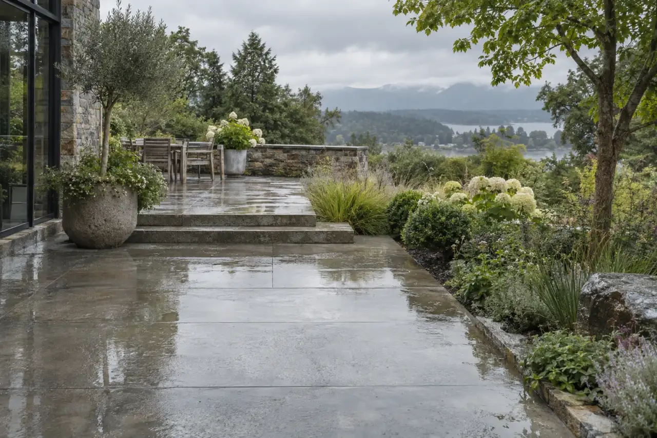 Feuchte Stein- und Betonterrasse nach Regen.