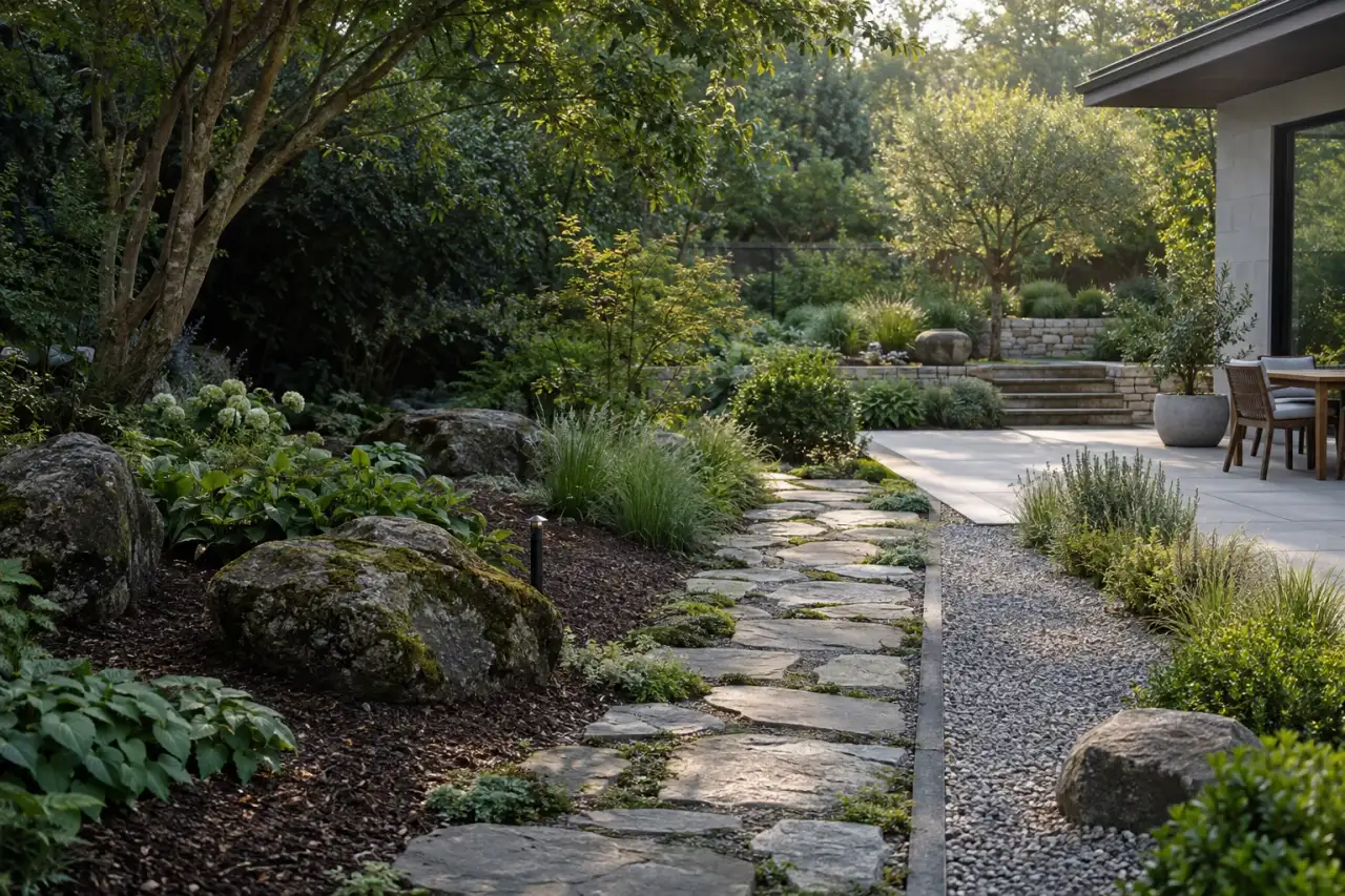 Garten mit Naturstein, Beton, Kies und Rindenmulch.