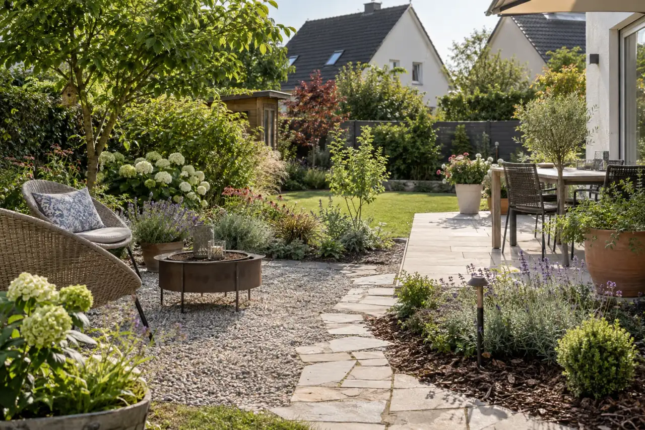 Eine Gartenszene mit sechs klar erkennbaren Elementen.