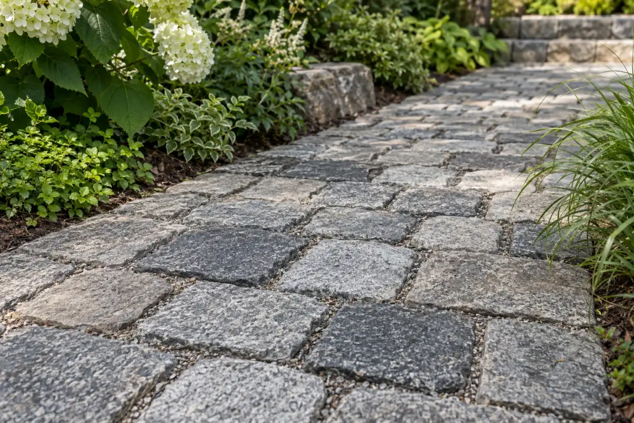 Graues Granitpflaster im Garten.