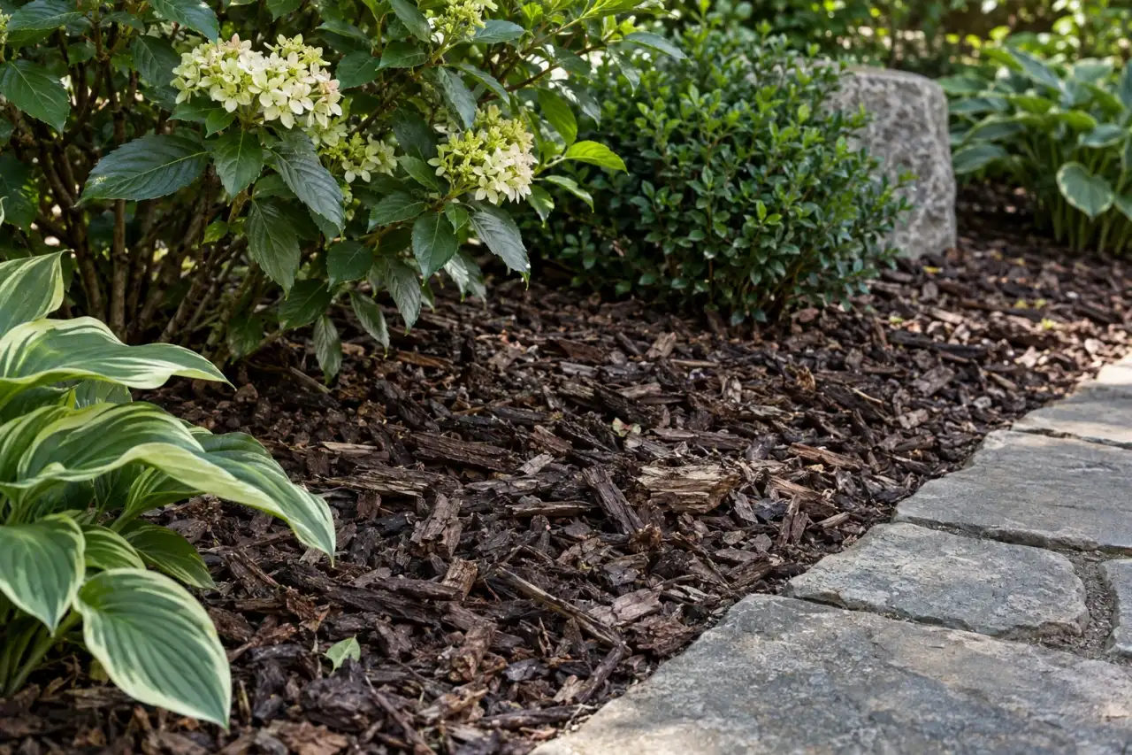 Grober Rindenmulch unter Sträuchern.