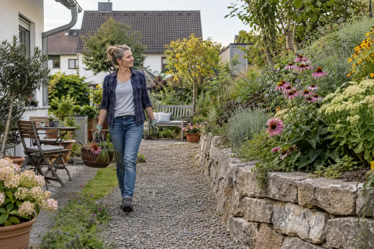 Schmaler Pflegeweg entlang einer bepflanzten Böschung mit klarer Kante.