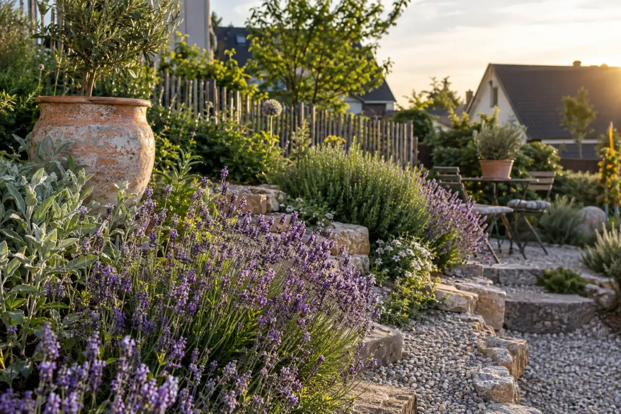 Lavendel und heller Kies im warmen Abendlicht einer Böschung.