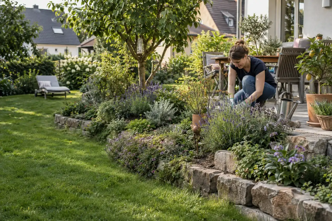 Bepflanzte Böschung mit Bodendeckern, Lavendel und Natursteinkante im Hausgarten.
