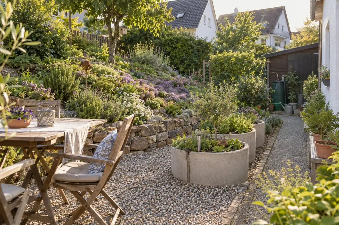 Eine realistische Gartenszene mit Bodendeckern, Steinkante, Pflanzsteinen, Kies, Weg und Sitzplatz.