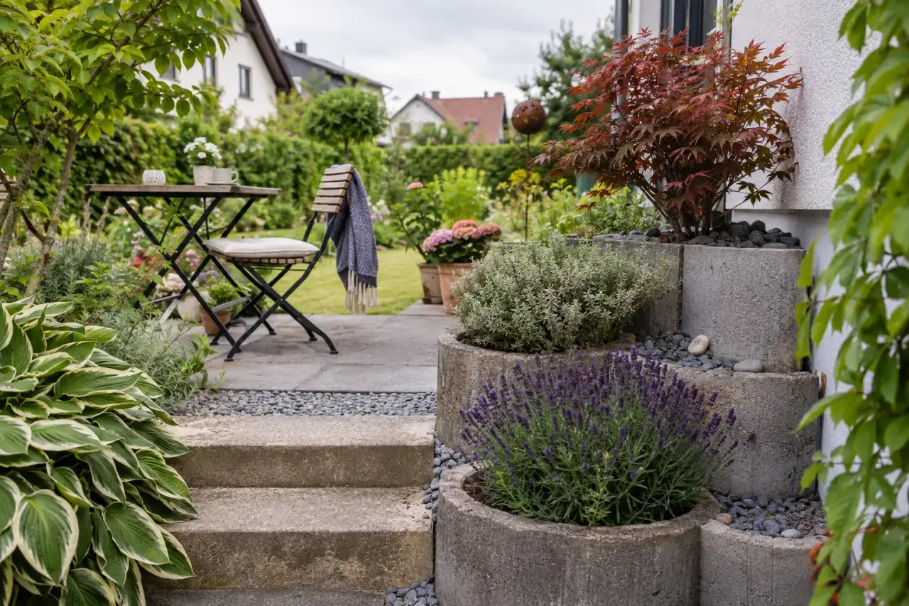 Klar gegliederte Pflanzsteine neben einem kleinen Sitzplatz im Garten.