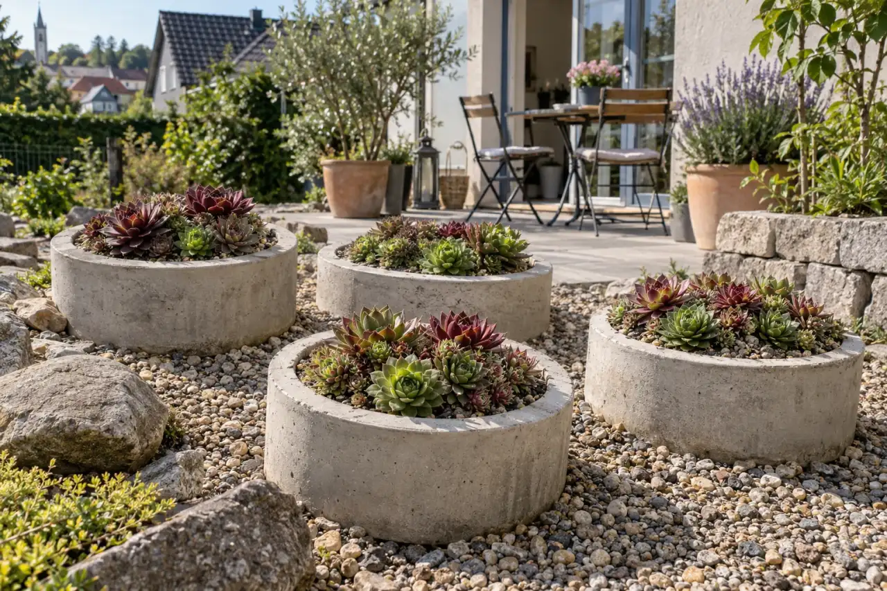 Hauswurz mit kompakten Rosetten in sonnigen Pflanzsteinen.