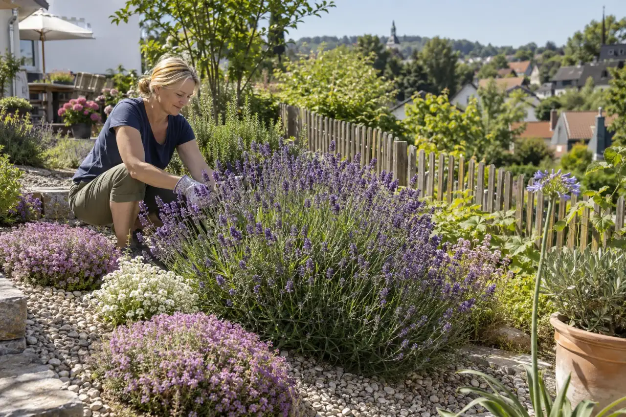 Lavendel mit violetten Blüten als Akzent auf einer sonnigen Böschung.
