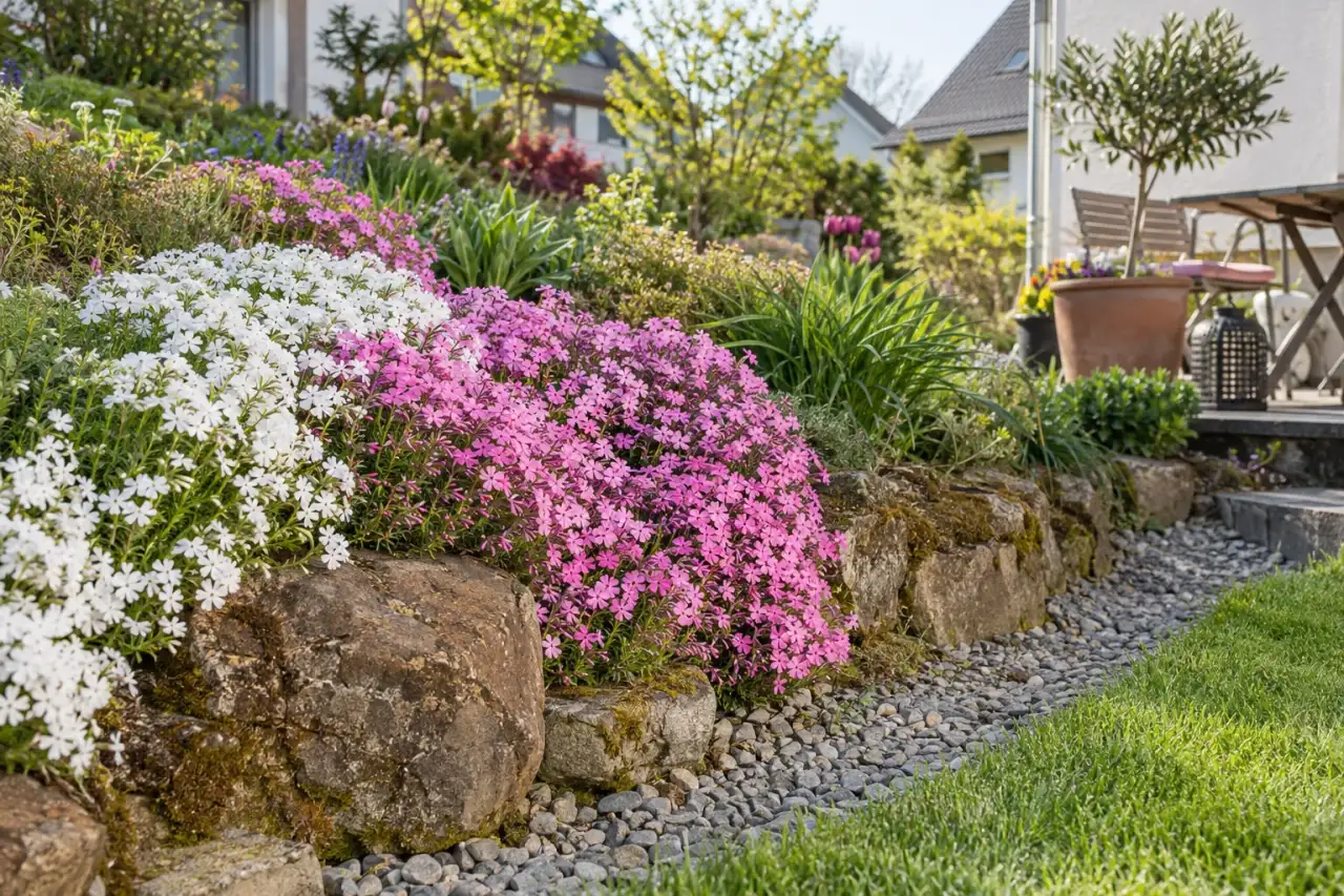 Blühender Polsterphlox über einer Natursteinkante an sonniger Böschung.