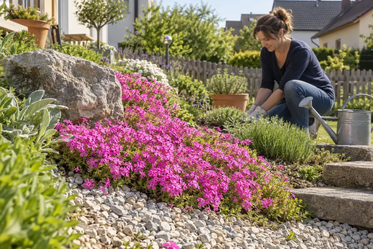 Rosa Polsterphlox als niedrige Blütendecke an einem sonnigen Hang.