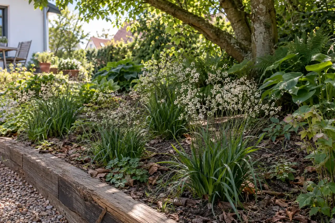 Schnee-Marbel mit hellen Blüten an einer halbschattigen Hangseite.