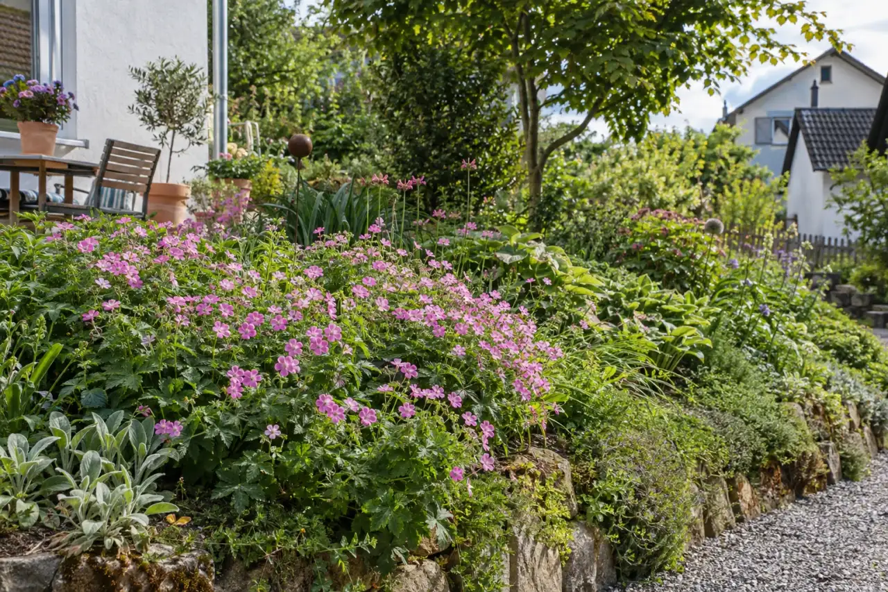 Storchschnabel als dichter Teppich auf einer sonnigen bis halbschattigen Böschung.