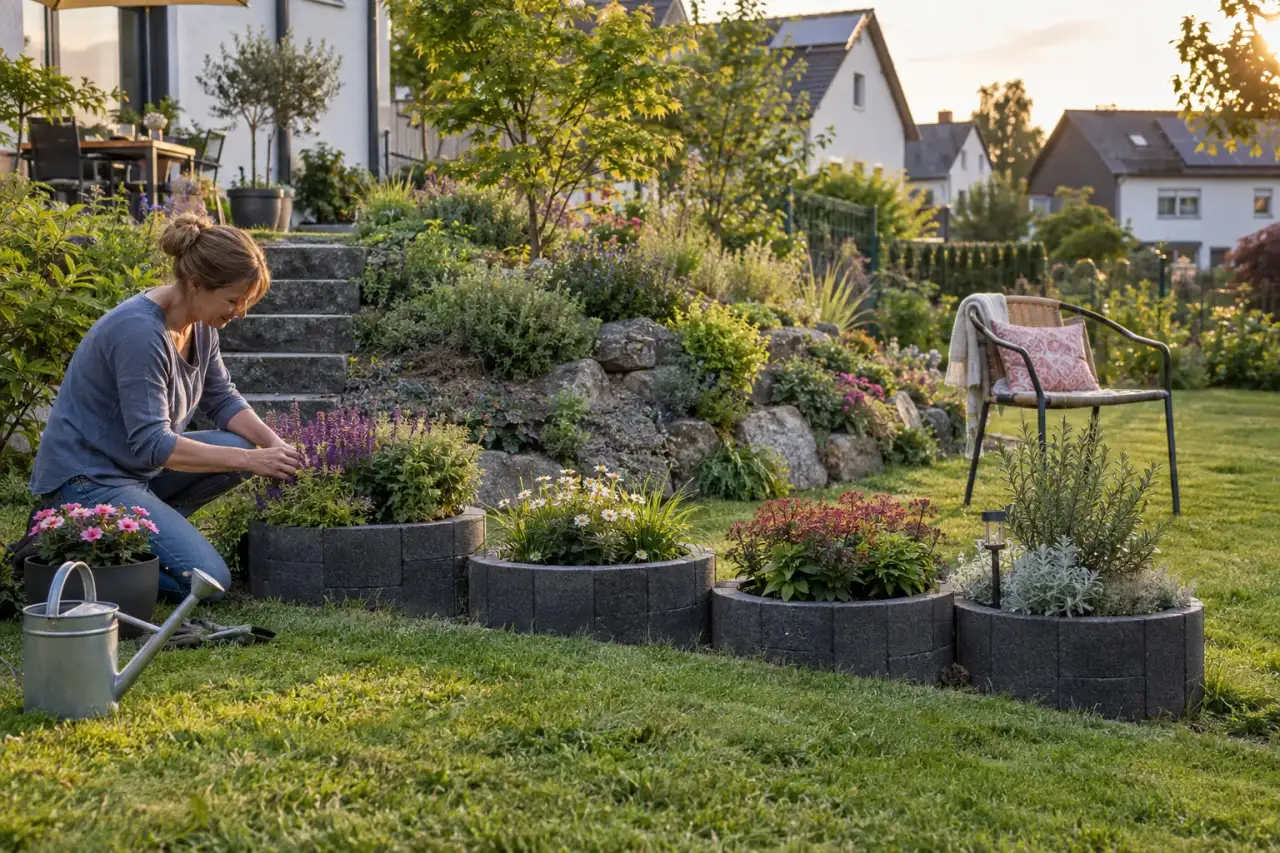 Zusammenhängender Gartenblick mit bepflanzter Böschung, Hangbeet und Pflanzsteinen.
