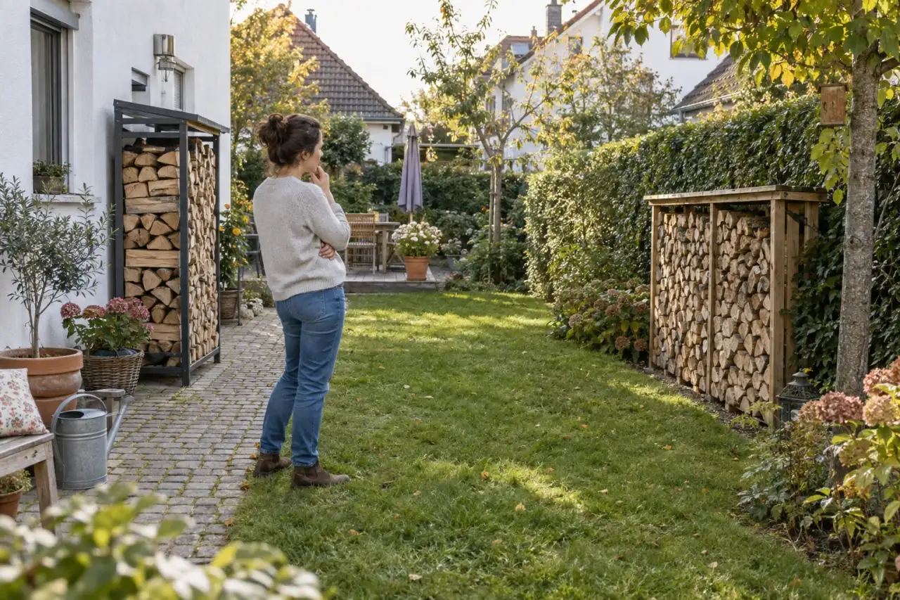 Person vergleicht zwei mögliche Standorte für ein Holzlager.
