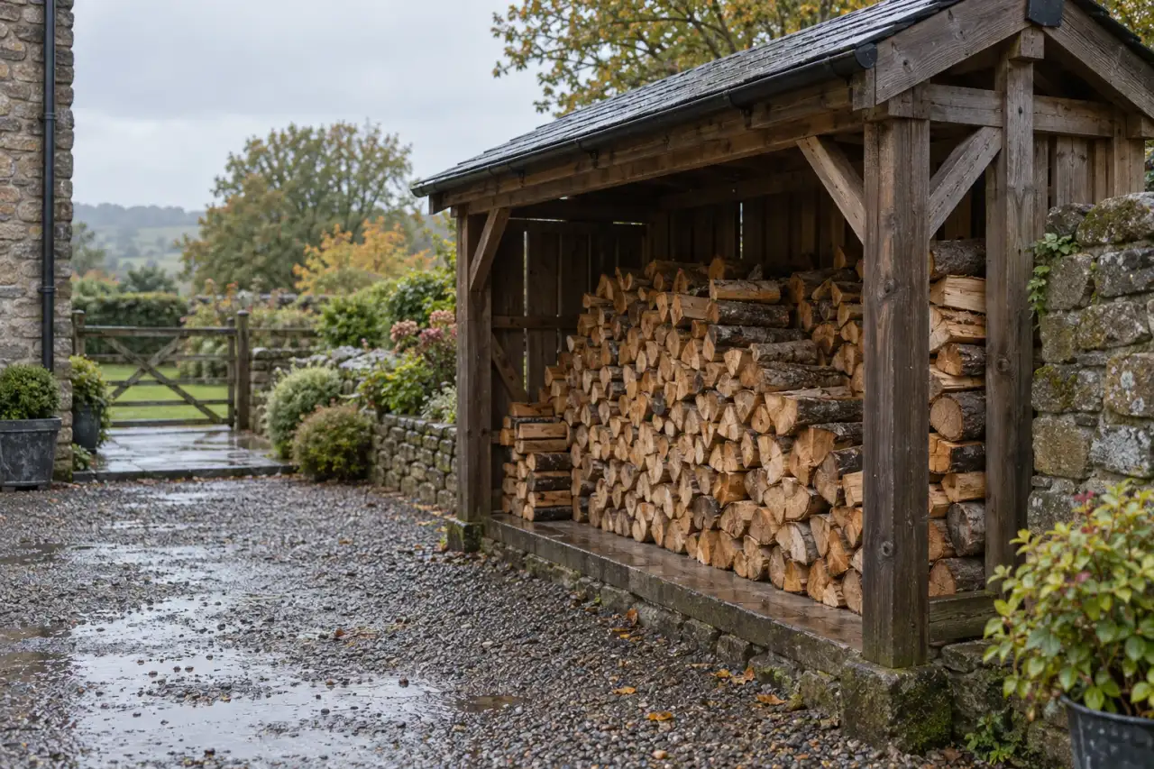 Geschütztes Brennholz nach einem Regenschauer.
