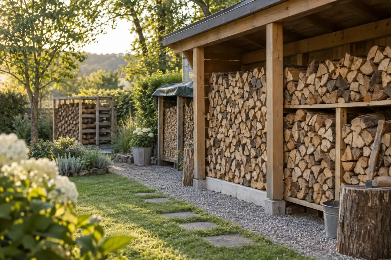 Garten mit mehreren sachlich gezeigten Brennholzlager-Lösungen.