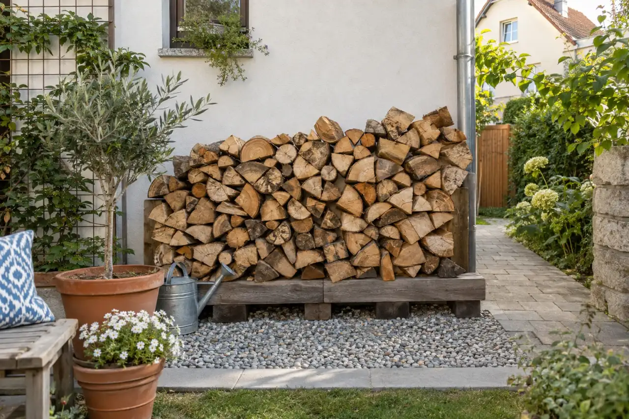 Loser Holzstapel als bewusst sichtbare Ordnungslösung.