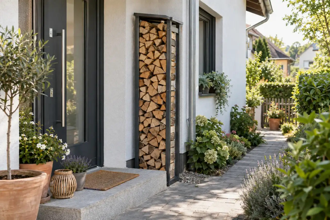Wandnaher Holzstapel mit kurzem Zugang am Haus.