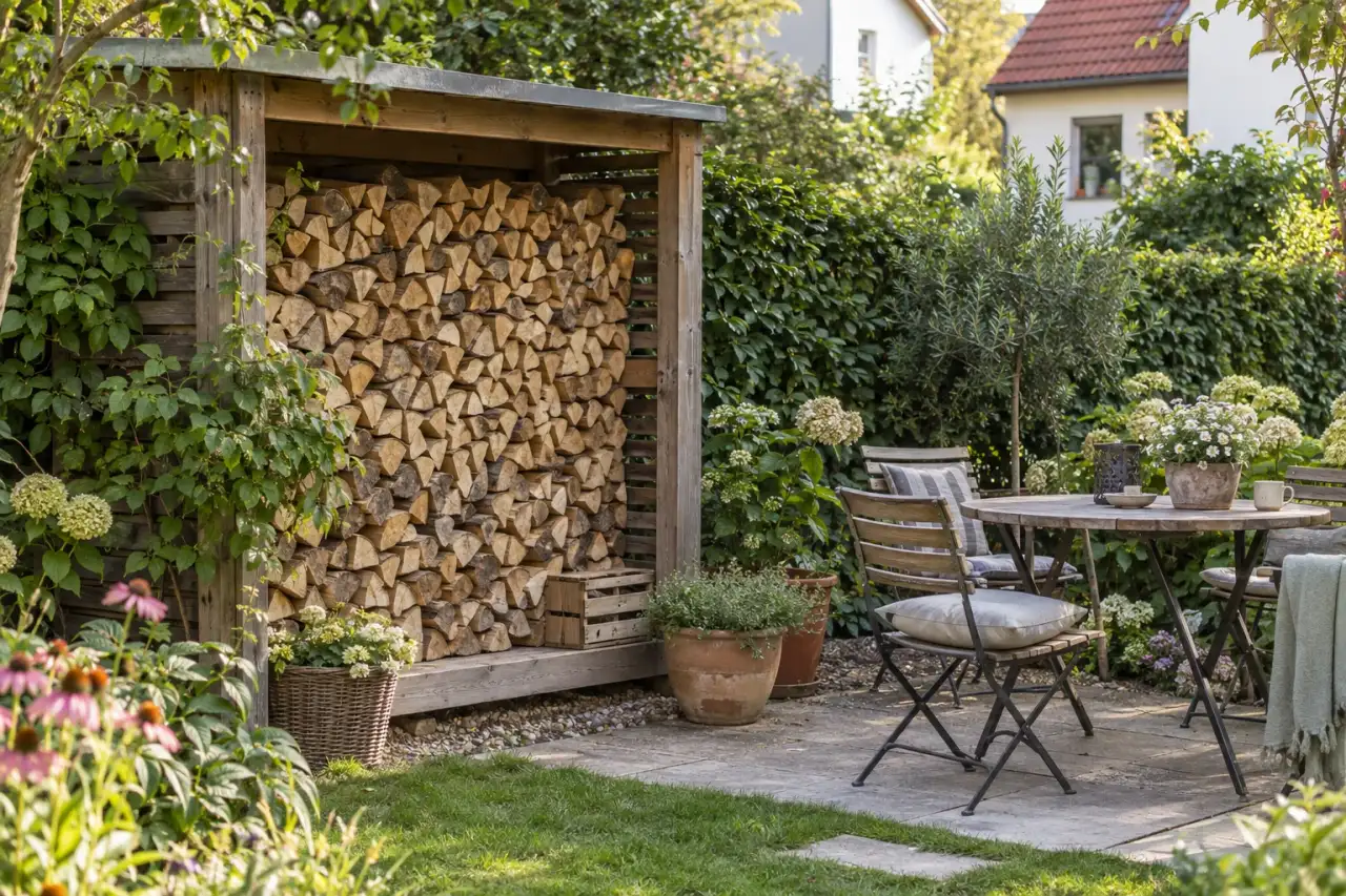Holzunterstand mit dezentem Dach an einer grünen Gartenkante.
