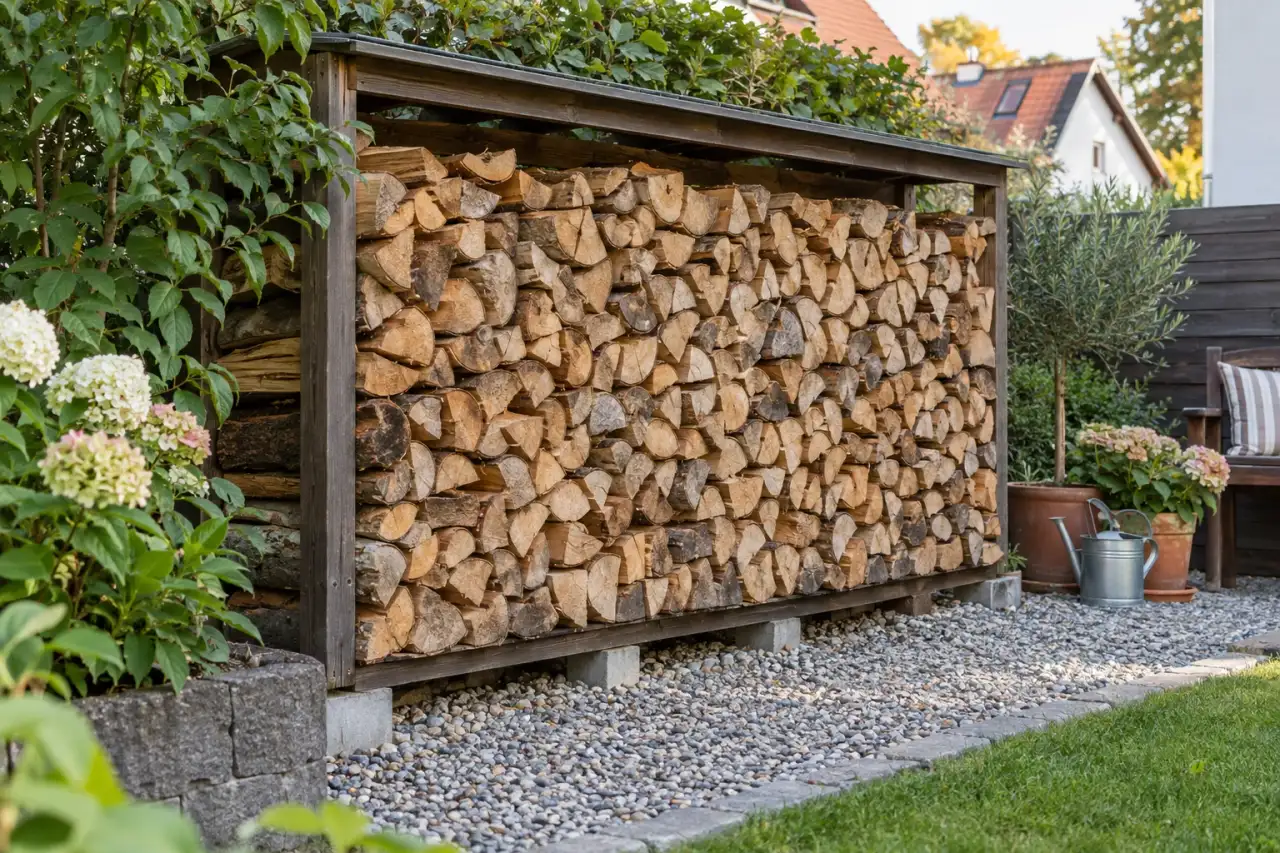Erhöhter Holzstapel mit sichtbarer Bodenfreiheit.