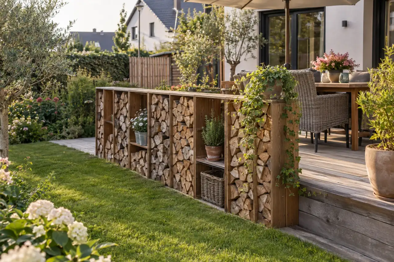 Gegliedertes Holzlager als strukturierender Sichtschutz.