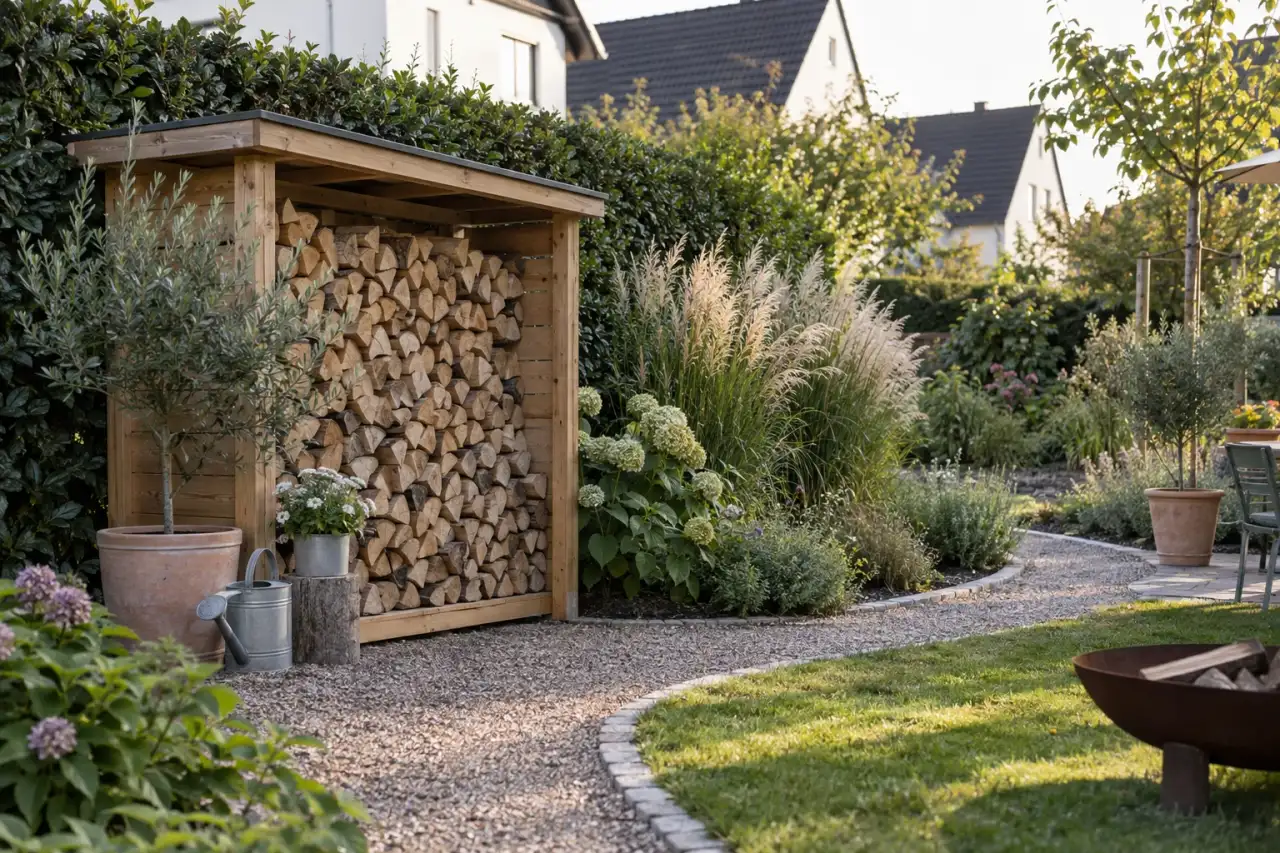 Natürlicher Holzrahmen mit Hecke, Gräsern und Weg.