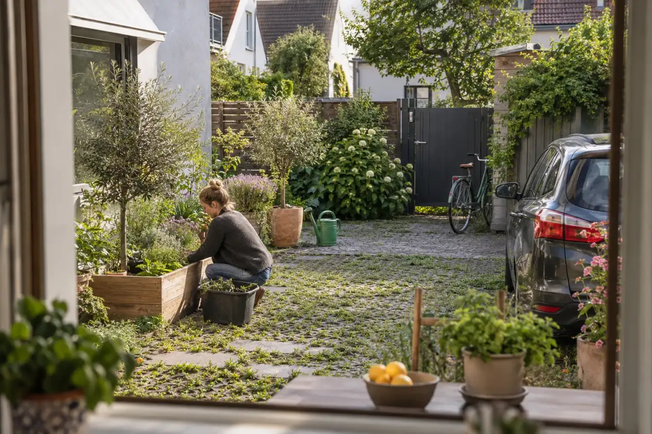 Grüne Rasengitter-Fahrspuren für den Alltag.