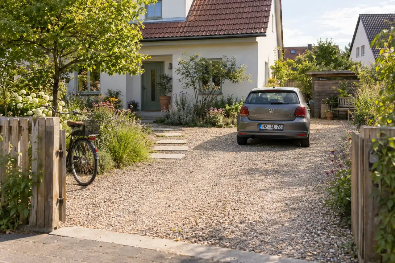 Lockerer natürlicher Kiesvorplatz am Gartentor.