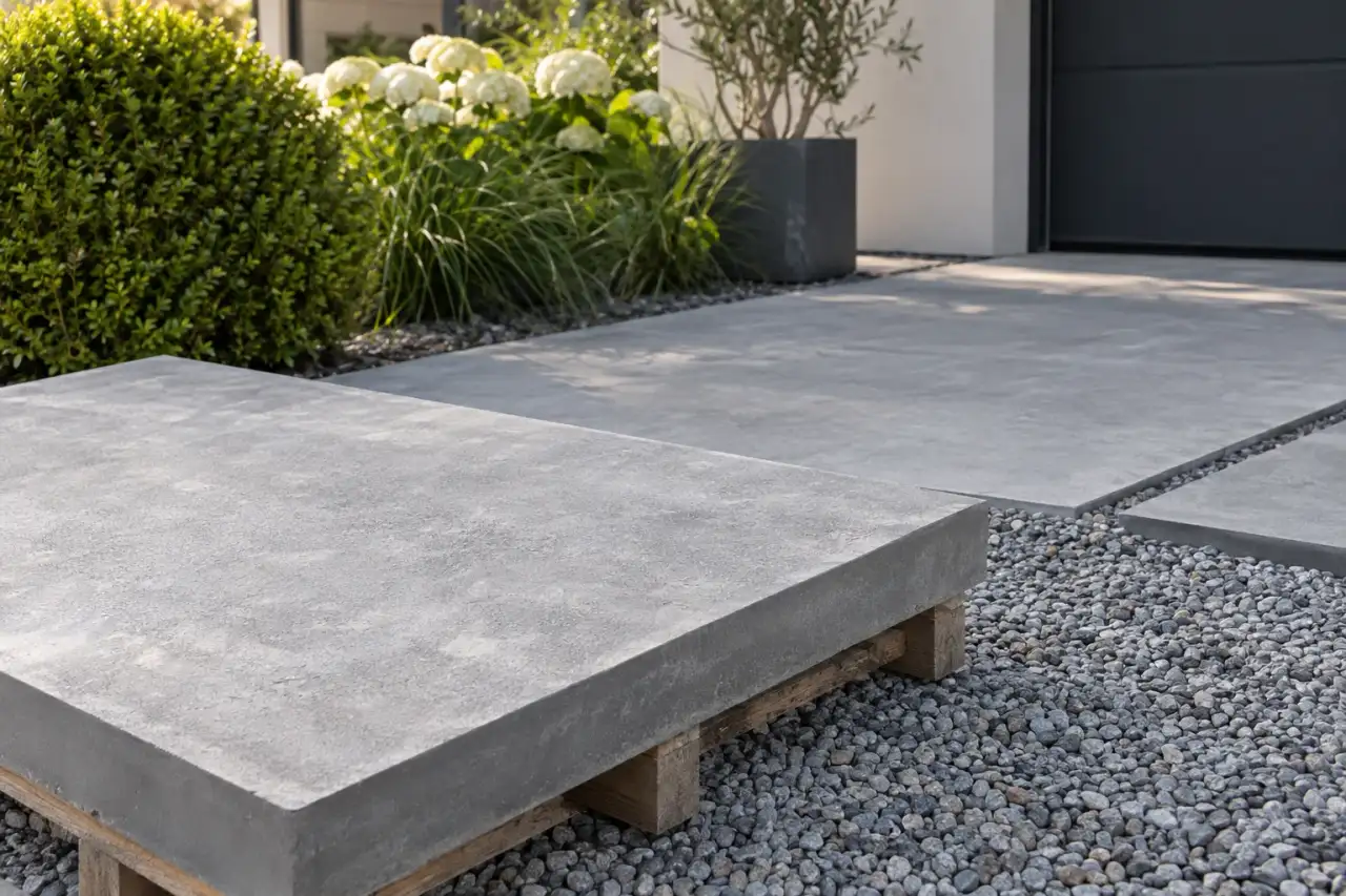 Große graue Platten für einen Stellplatz.