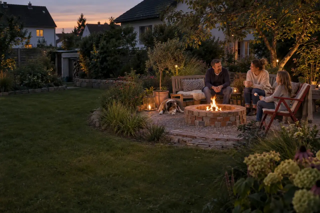 Ruhige Feuerstelle mit Sitzbank und Gräsern im Familiengarten