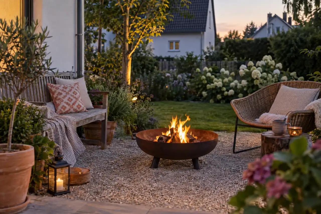 Feuerschale als Mittelpunkt eines Sitzplatzes