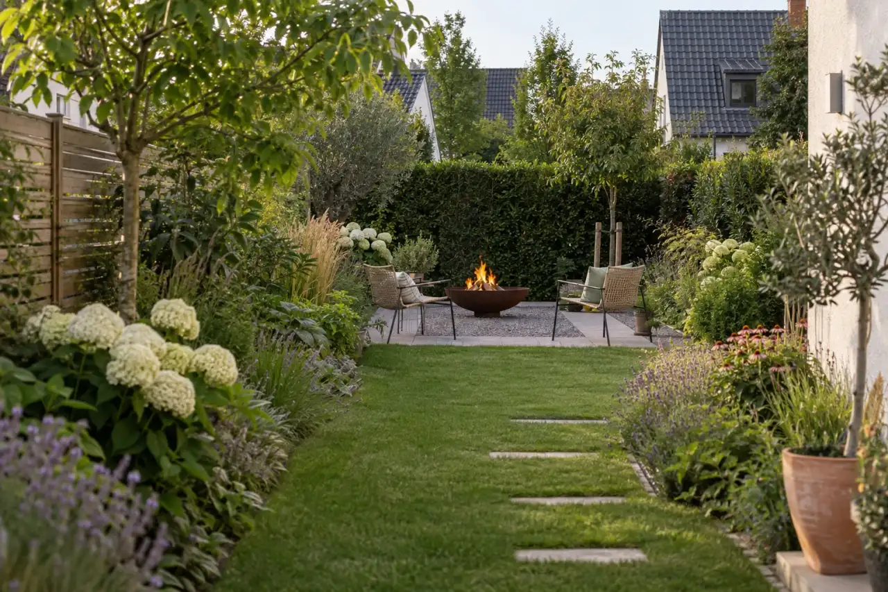 Definierter Feuerplatz auf Kies und Pflaster am Gartenende