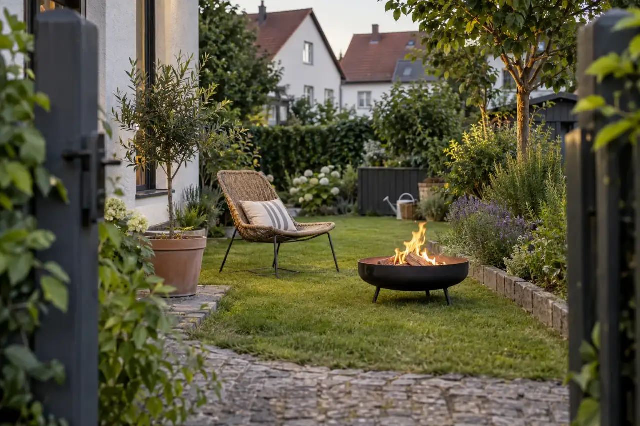 Flexible Feuerschale in einer offenen Gartensituation