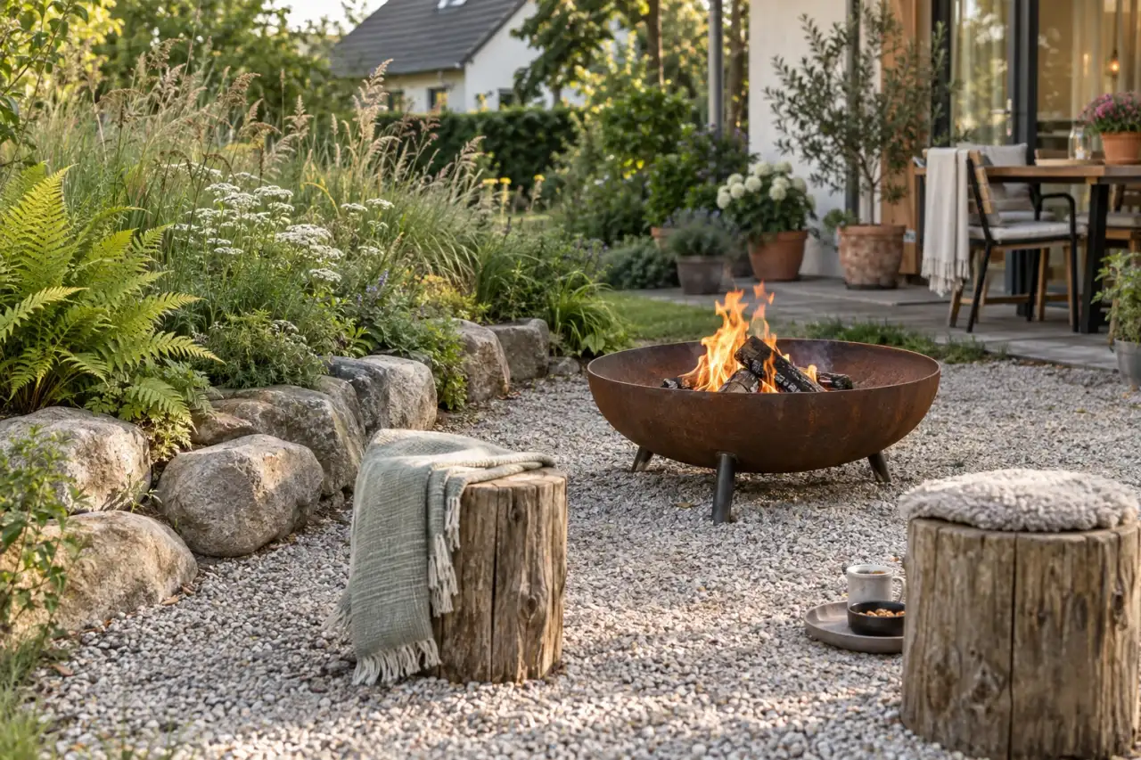 Unregelmäßiger Feldstein mit naturnaher Pflanzung