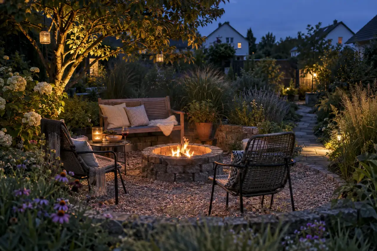 Abendlicher Feuerplatz als stimmiger Gartenausklang