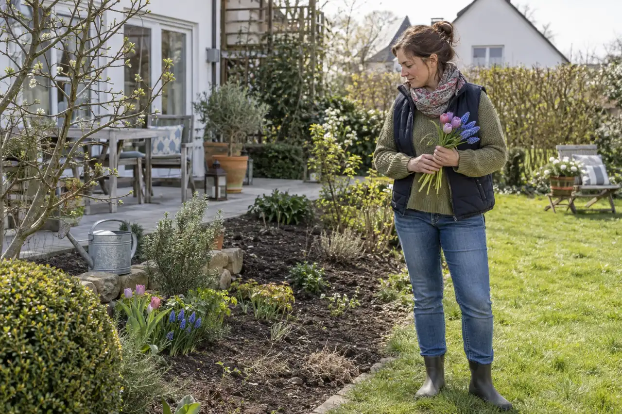 Gärtnerin wählt die Wirkung ihres Frühlingsbeets