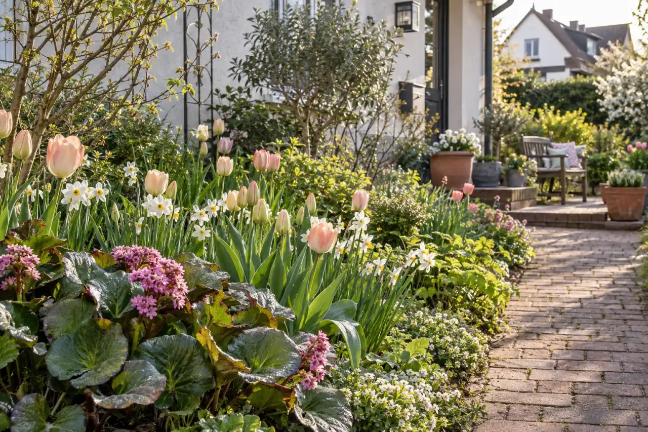 Helles Tulpenbeet im Morgenlicht