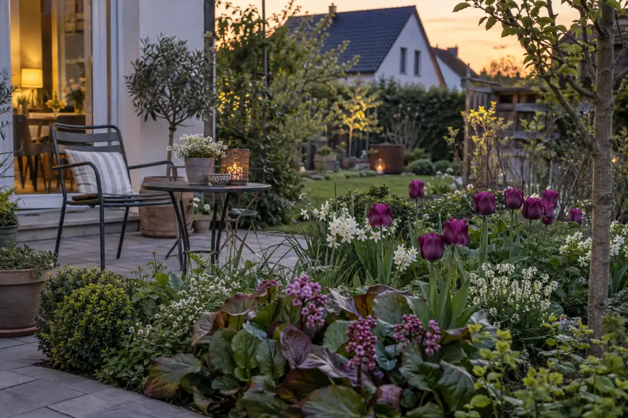 Violettes Tulpenbeet im Abendlicht