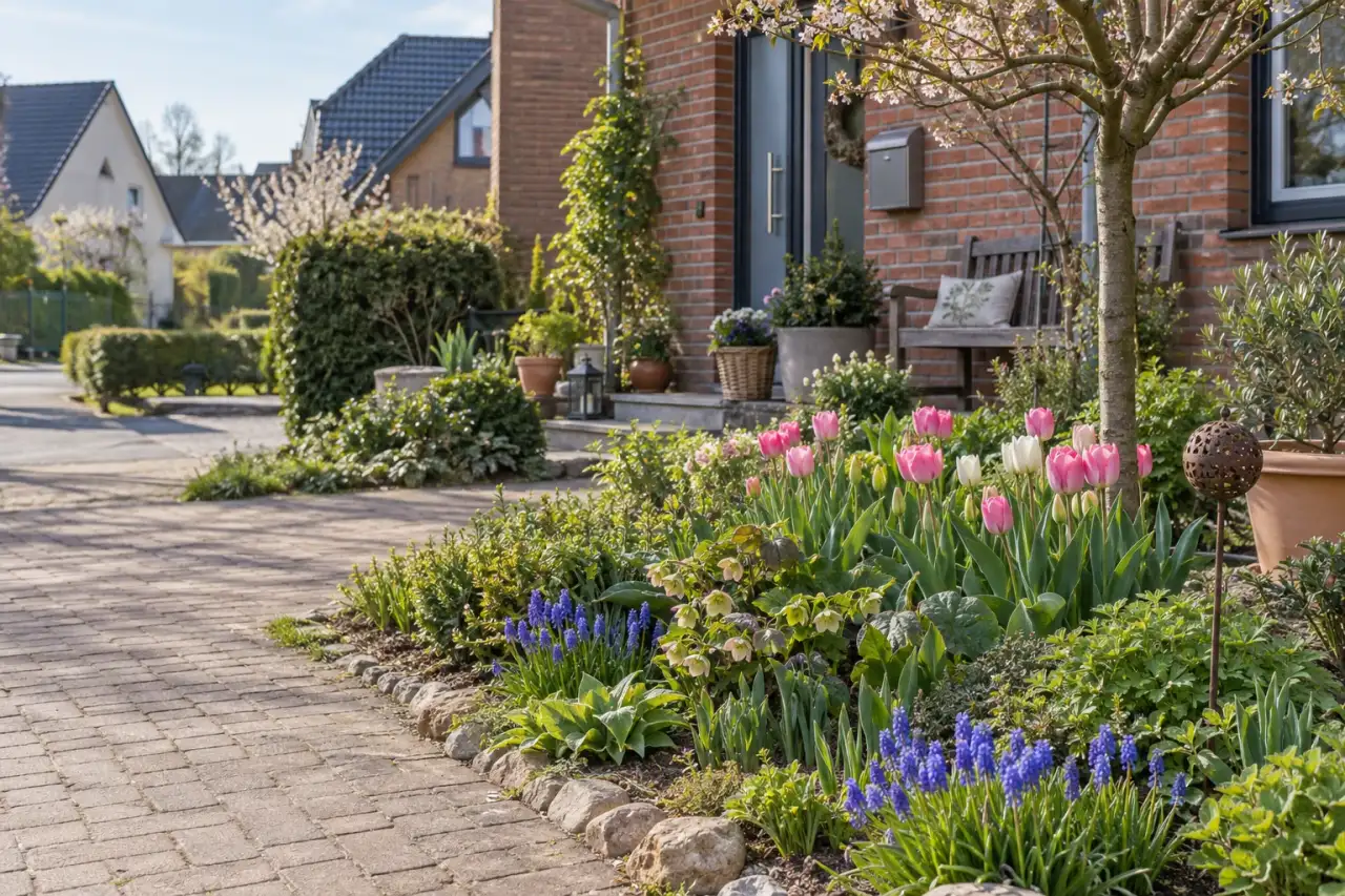 Sonniges Frühlingsbeet mit Tulpen und austreibenden Stauden