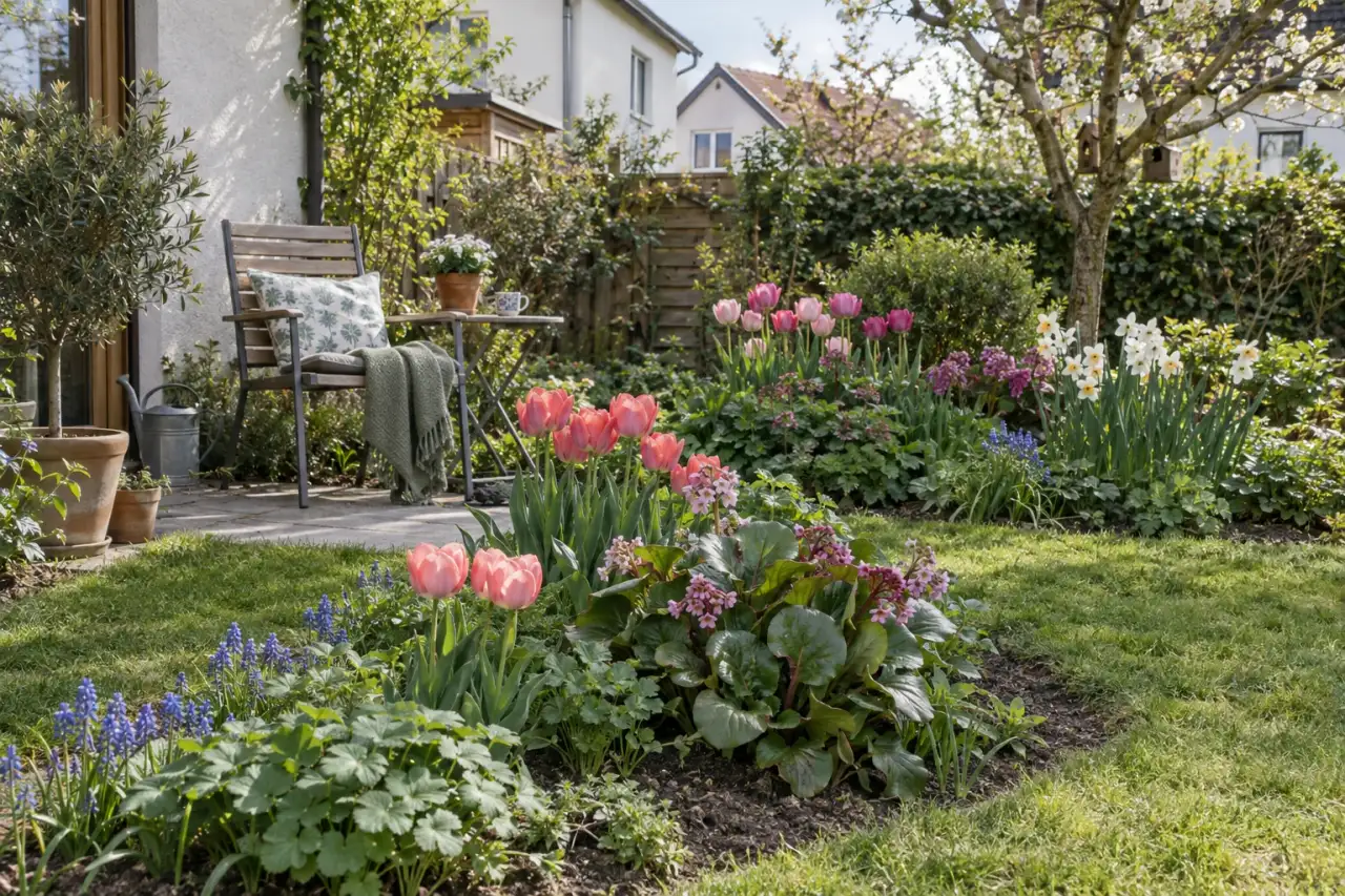 Frühlingsbeet mit sechs erkennbaren Gestaltungselementen