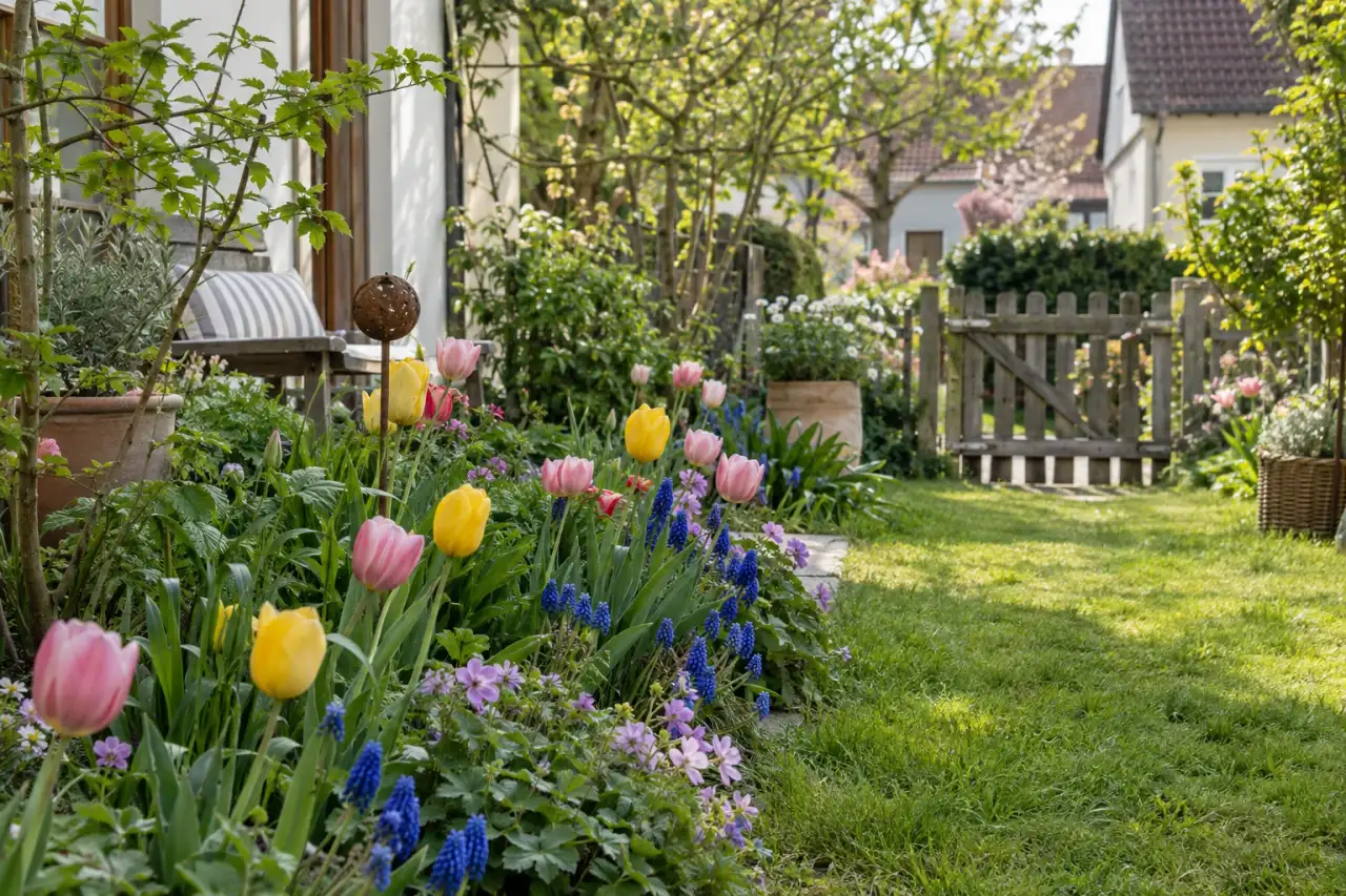 Natürlich-lockere Wildtulpenpflanzung am Rasen