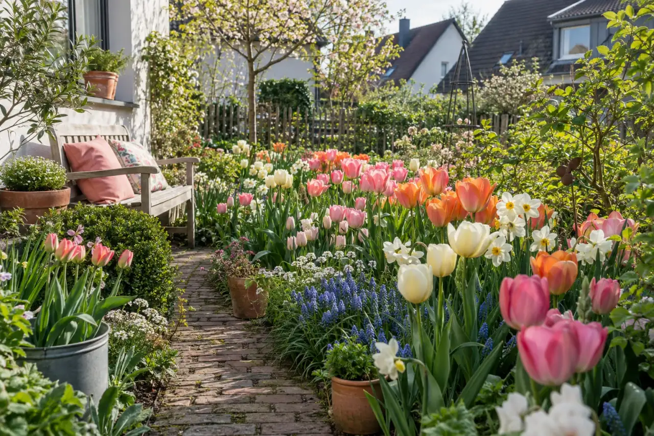 Üppige Tulpenpflanzung vom Gartenweg aus