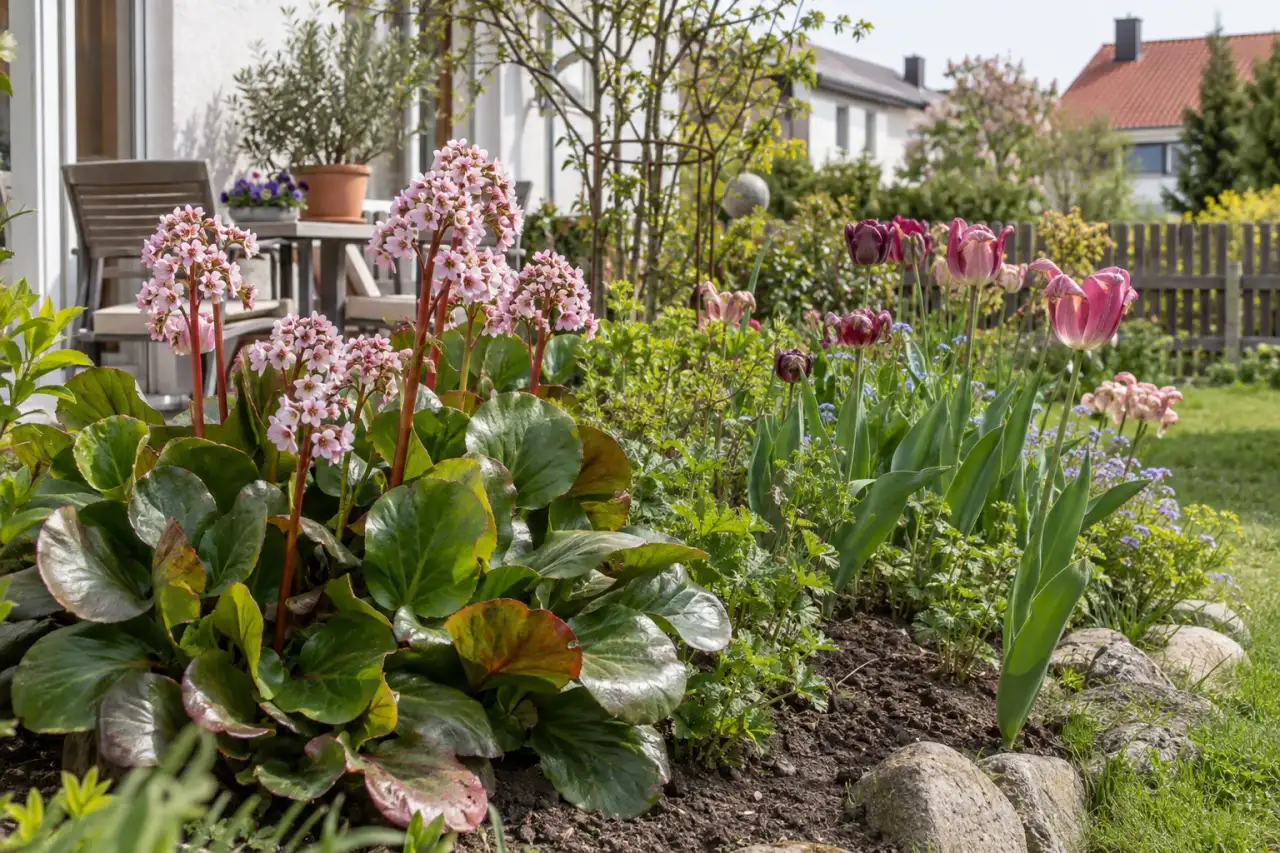 Bergenien mit breitem Blattwerk neben Tulpen
