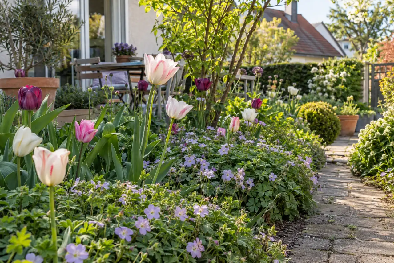Geraniumlaub unter botanischen Tulpen