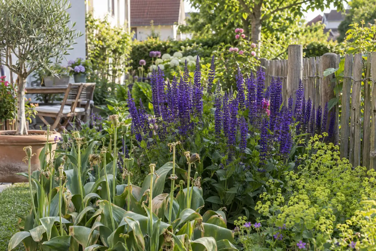 Aufrechter Salbei hinter verblühten Tulpen