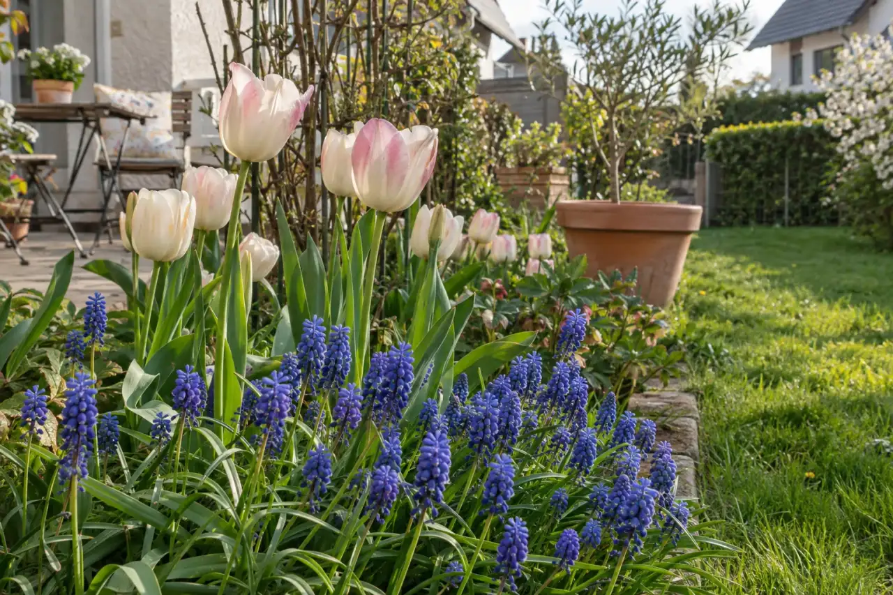 Blaue Muscari unter hellen Tulpen